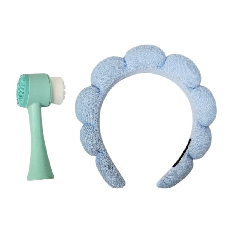 KIT DE CUIDADO FACIAL, BANDA PARA EL PELO Y CEPILLO FACIAL DOBLE ACCION RUBYFACE, 3 COLORES