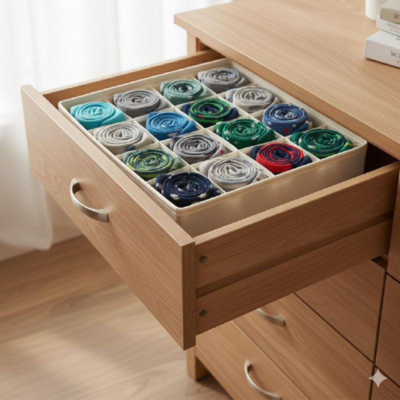 ORGANIZADOR CAJA DE ALMACENAMIENTO DE 16 COMPARTIMIENTOS FIJOS, PERFECTO PARA FAJAS, CALCETINES, BUFANDAS,ETC 32X32X10CM FUHUA