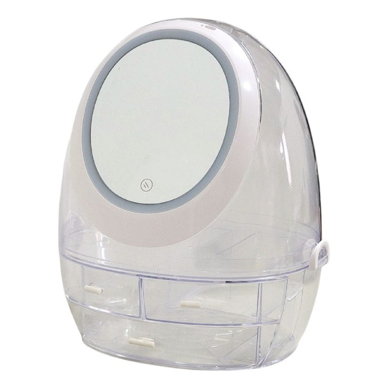ORGANIZADOR ESTANTE DE COSMETICOS, MAQUILLAJE CON 4 COMPARTIMIENTOS, ESPEJO CON LUZ LED DE 3 MODOS DE INTENSIDAD COLOR TRANSPARENTE