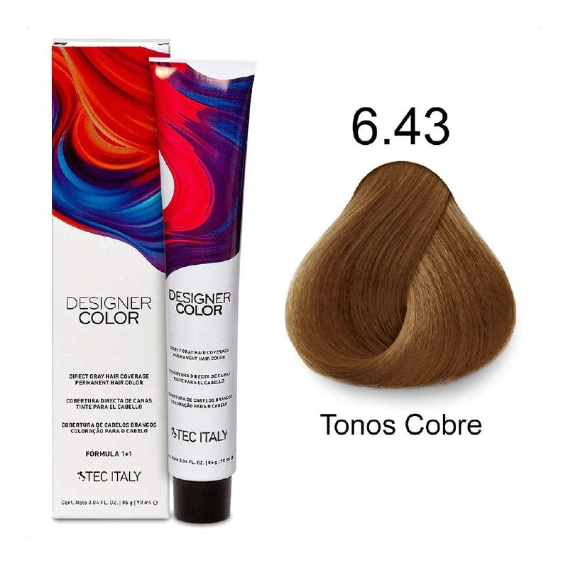 TINTE PERMANENTE PARA EL CABELLO EN CREMA RUBIO OSCURO COBRIZO DORADO 6.43 1+1 TEC ITALY 90ML