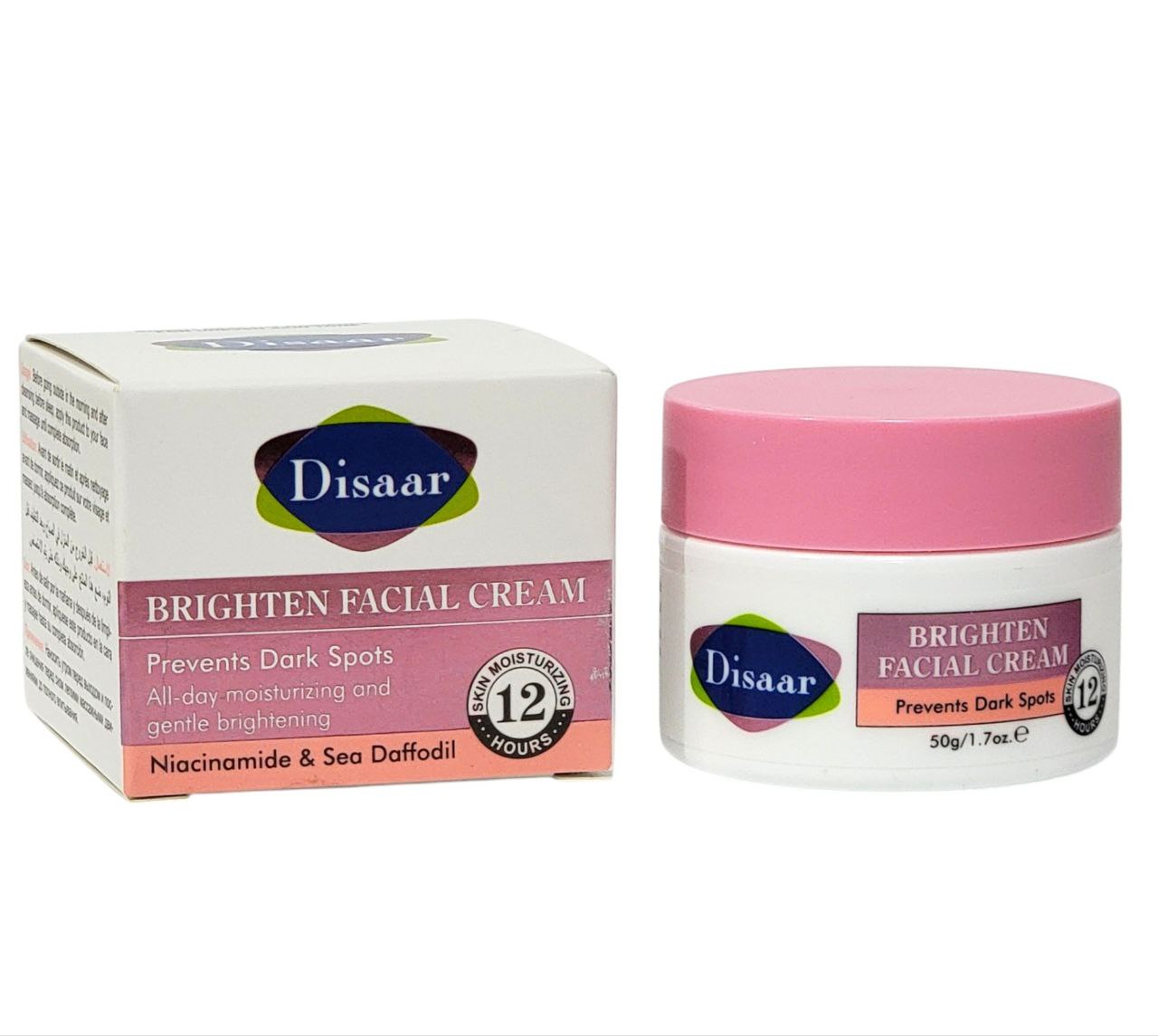 CREMA FACIAL ILUMINADORA CON NIACINAMIDA Y NARCISO MARINO, PREVIENE LAS MANCHAS OSCURAS, HIDRATA TODO EL DIA DISAAR BRIGHTEN FACIAL CREAM 50G