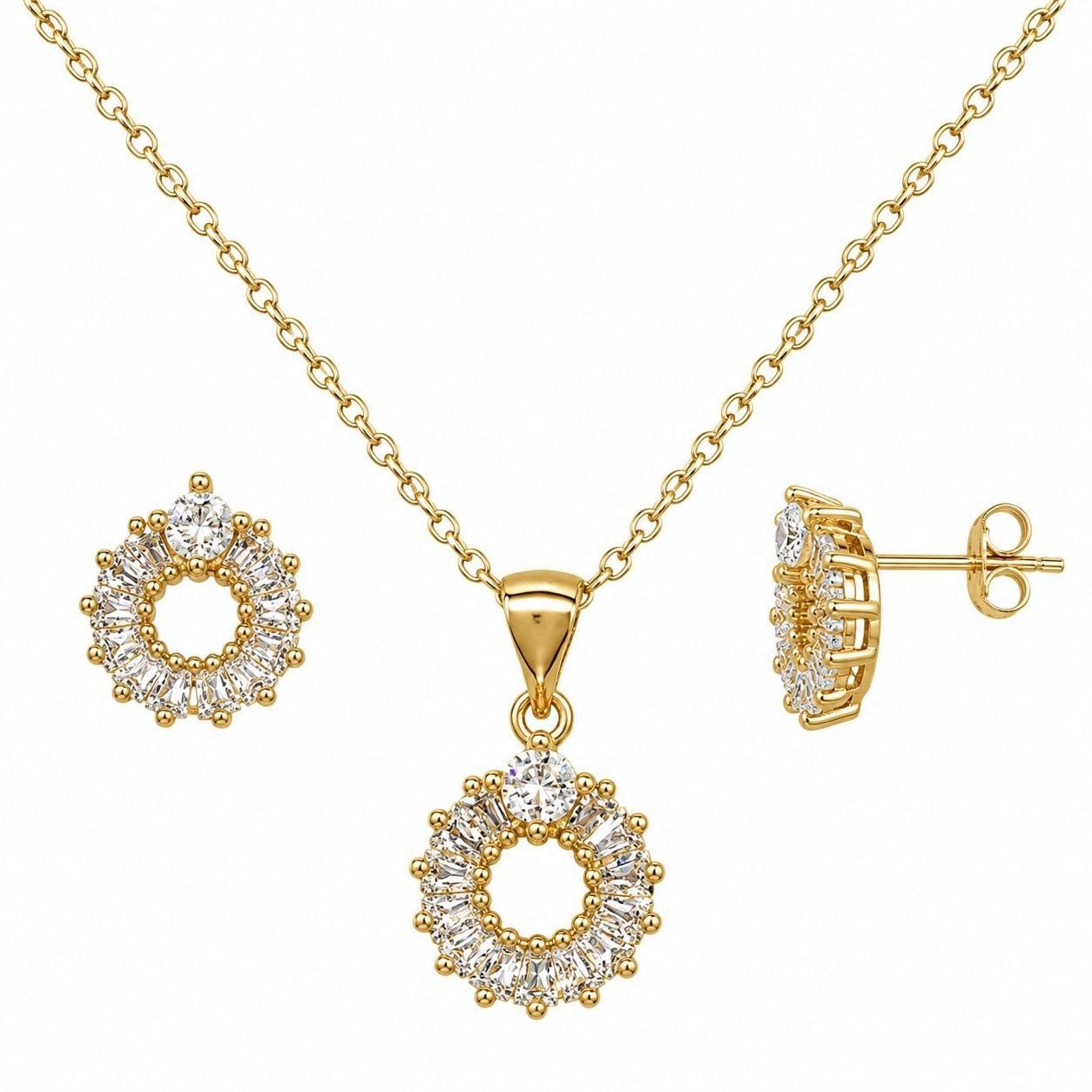 SET DE ENCHAPE PARA DAMA CADENA, DIJE Y TOPOS CORONA CIRCULAR CON CIRCONES BAGUETTE
