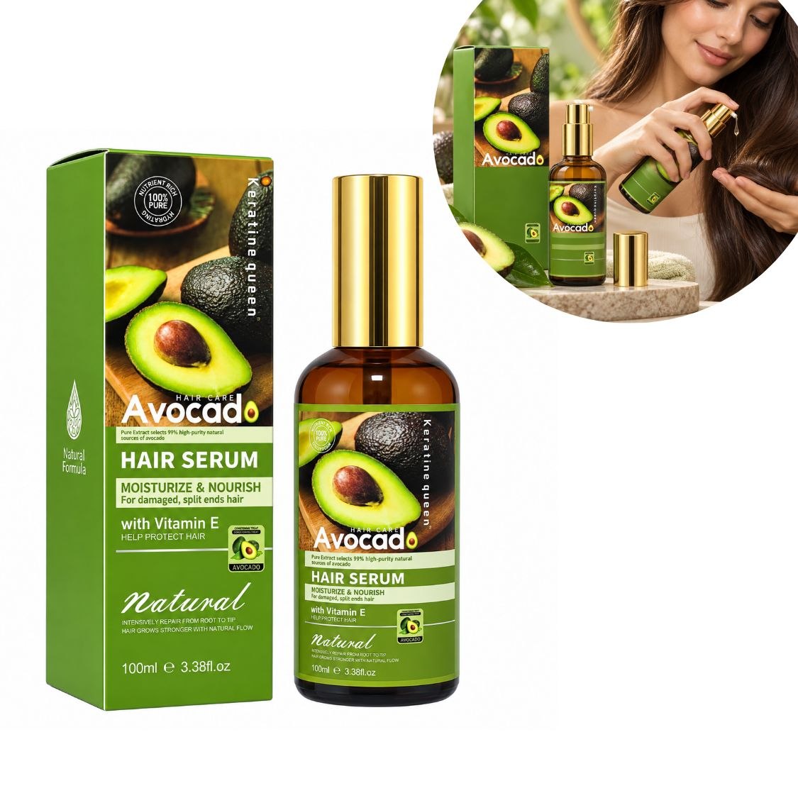 SUERO PARA EL CABELLO HIDRATANTE DE ACEITE DE COLAGENO DE AGUACATE Y VITAMINA E KERATINE QUEEN 100ML
