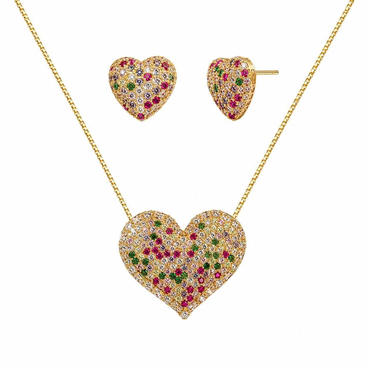 SET DE ENCHAPE PARA DAMA COLLAR Y TOPOS CORAZÓN PAVÉ CON CIRCONES MULTICOLOR