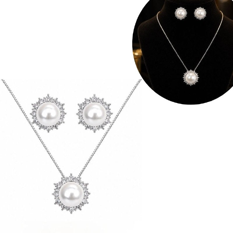 SET DE ENCHAPE PARA DAMA CADENA, DIJE Y TOPOS PERLA CENTRAL CON HALO SOLAR DE CIRCONES