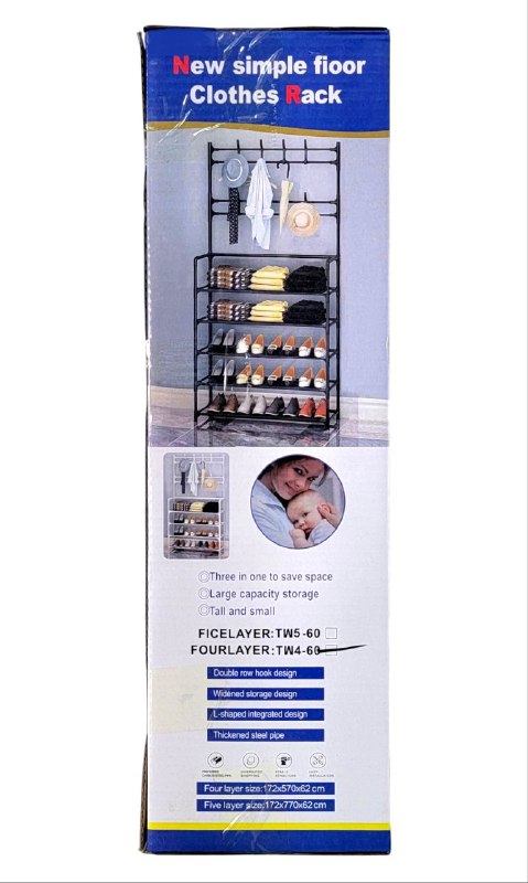 ESTANTE ORGANIZADOR DE METAL DE 4 NIVELES CON 8 GANCHOS PARA COLGAR ROPA, ETC COLOR NEGRO 60CM DE ANCHO