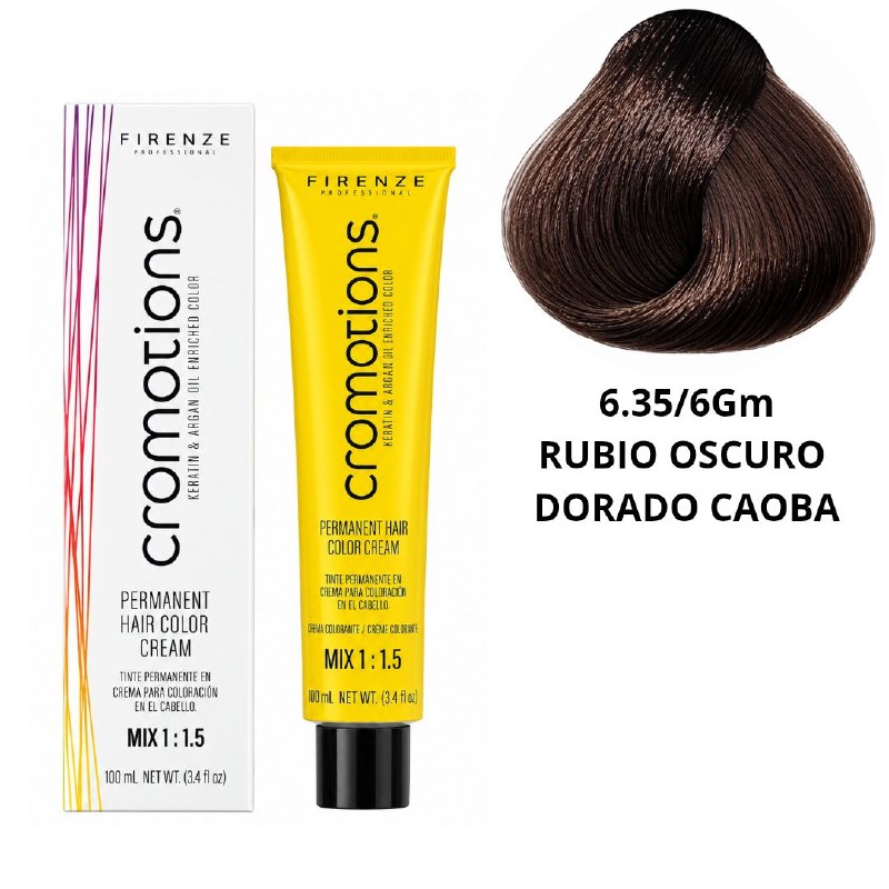 TINTE PERMANENTE PARA EL CABELLO EN CREMA RUBIO OSCURO DORADO CAOBA 6.35/ 6GM FIRENZE 100ML