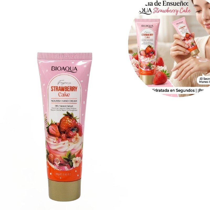 CREMA HUMECTANTE Y REPARADORA PARA MANOS CON AROMA A PASTEL DE FRESA BIOAQUA 80G