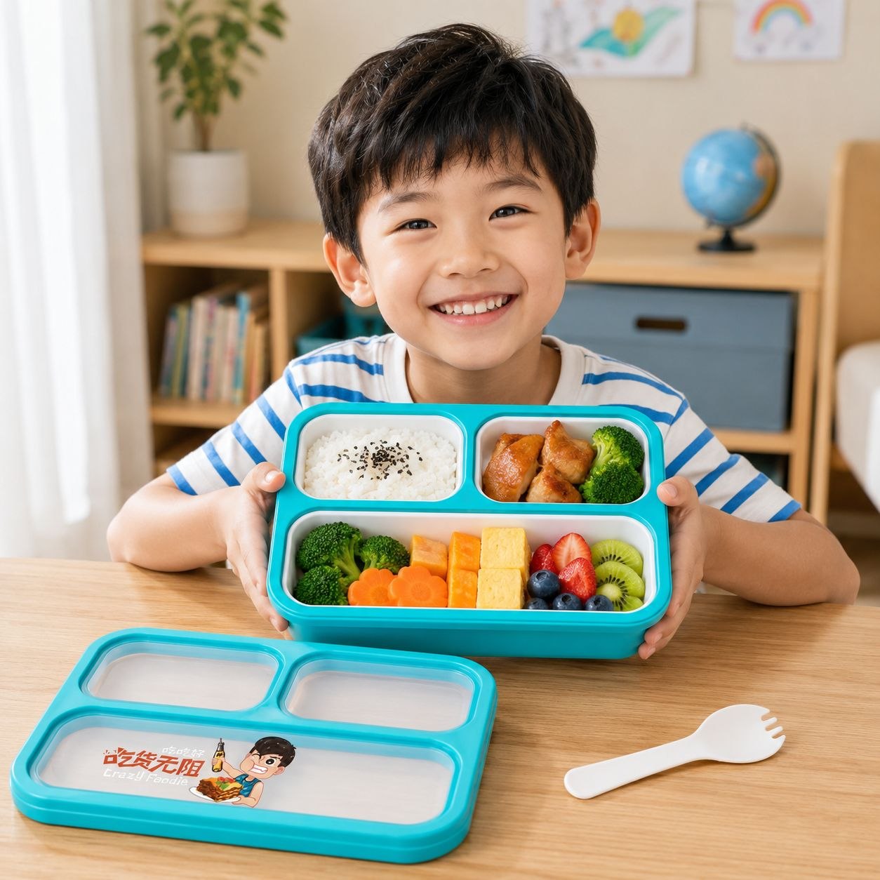 LONCHERA INFANTIL PREMIUM DE 3 COMPARTIMIENTOS CONTENEDOR ESCOLAR DE CONFORT PARA ALIMENTOS CON UTENSILIO INCLUIDO BENELI HOME 5x8 CM