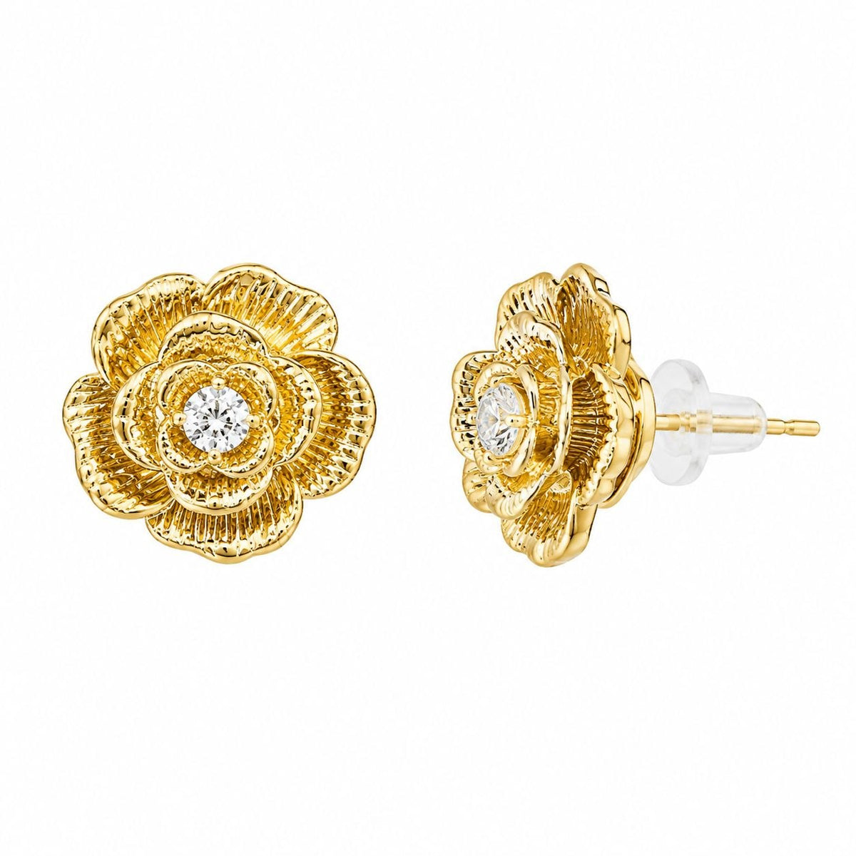 ARETES DE ENCHAPE PARA DAMA CON MOTIVO DE FLOR CAMELIA EN RELIEVE Y CIRCÓN