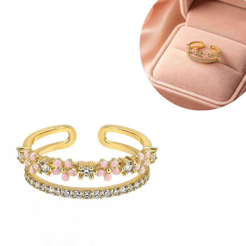 ANILLO DE ENCHAPE PARA DAMA DE DOBLE BANDA CON FLORES ROSADAS Y PAVÉ DE CIRCONES