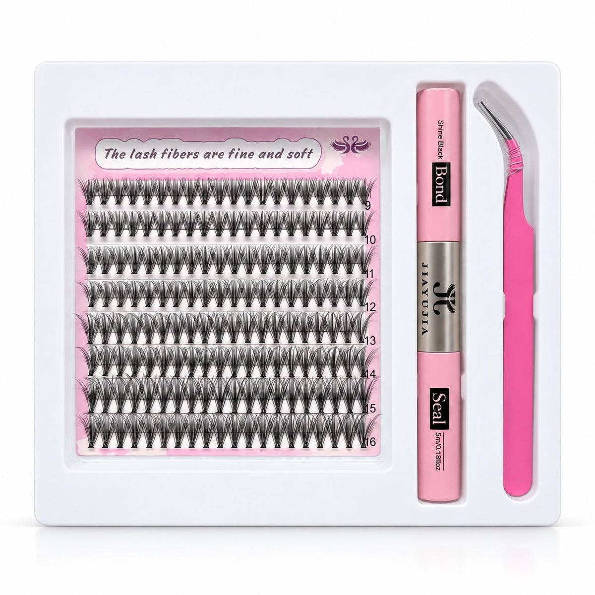 KIT DE PESTAÑAS POSTIZAS EN GRUPOS THICK & REALISTIC JIAYUJIA 9MM A 16MM CON BOND Y SEAL