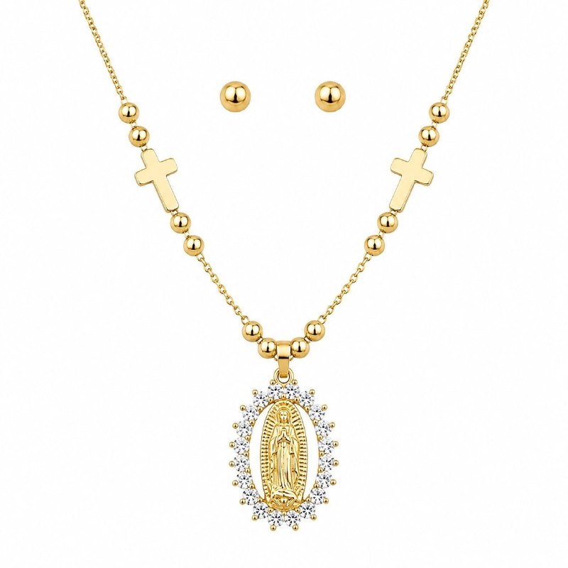 SET DE ENCHAPE PARA DAMA CADENA ROSARIO CON MEDALLA DE LA VIRGEN DE GUADALUPE Y TOPOS BALÍN