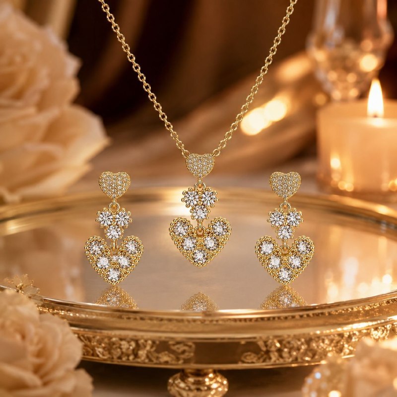 SET DE ENCHAPE PARA DAMA CADENA, DIJE Y ARETES COLGANTES CORAZONES CON CIRCONES