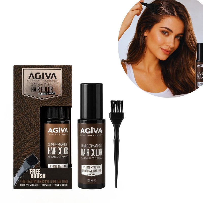 TINTE COLOR CAFE SEMIPERMANENTE PARA CABELLO, BARBA Y BIGOTE CON BROCHA APLICADORA AGIVA 125ML