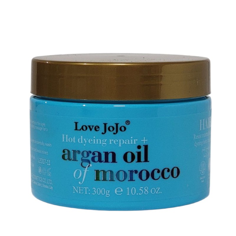 MASCARILLA PARA EL CABELLO CON ACEITE DE ARGAN, APORTA RESISTENCIA A DAÑOS EXTERNOS COMO EL PLANCHADO Y TEÑIDO DEL CABELLO, DEJANDO EL CABELLO FUERTE. BRILLANTE Y SUAVE LOVE JOJO 300G
