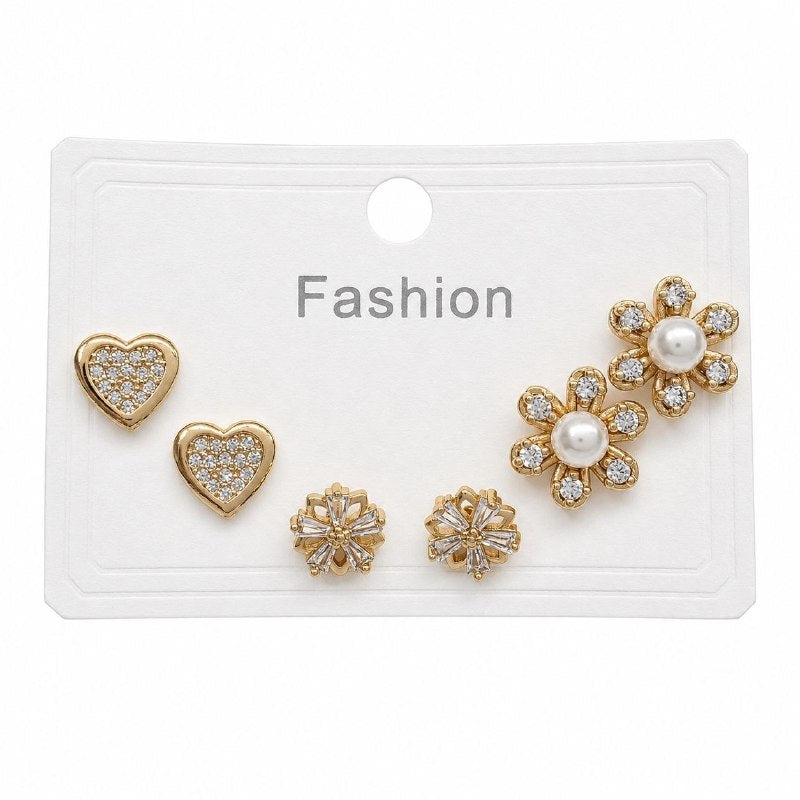 SET DE ARITOS DE ENCHAPE PARA DAMA EN FORMA DE FLOR Y CORAZON