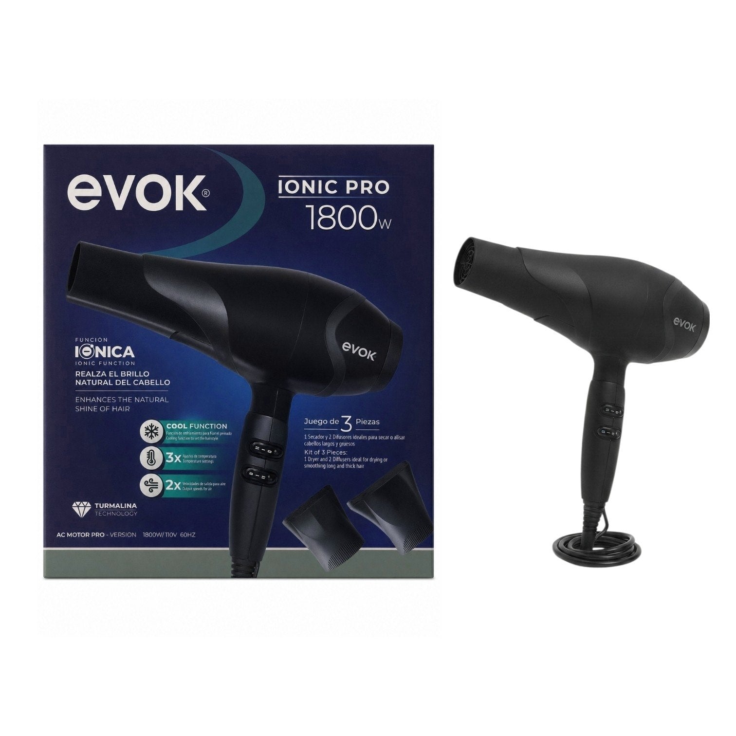 SECADORA DE CABELLO PROFESIONAL CON TECNOLOGÍA IÓNICA AVANZADA EVOK IONIC PRO 1800W