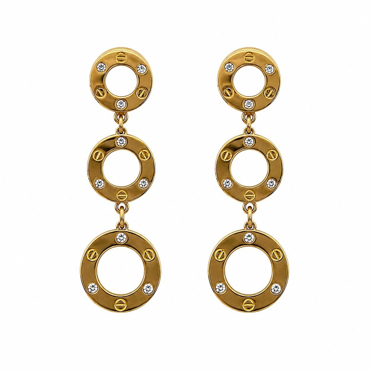 ARETES DE ENCHAPE PARA DAMA TRIPLE ARO COLGANTE CON MOTIVO TIPO TORNILLO Y CIRCONES