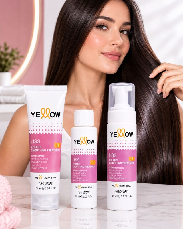 SET DE 3 PIEZAS DE ALISADO CAPILAR PROGESIVO Y CONTROL DE FRIZZ SIN FORMOL CON KERATINA Y ACEITES NUTRITIVOS ALFAPARF YELLOW