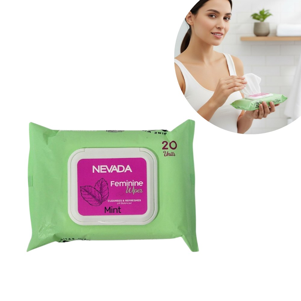 TOALLITAS HUMEDAS FEMENINAS DE HIGIENE INTIMA DE ALOE VERA Y HAMAMELIS CON OLOR A MENTA NEVADA 20UND