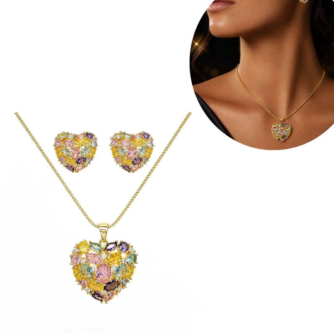 SET DE ENCHAPE PARA DAMA CADENA, DIJE Y TOPOS CORAZÓN MULTICOLOR