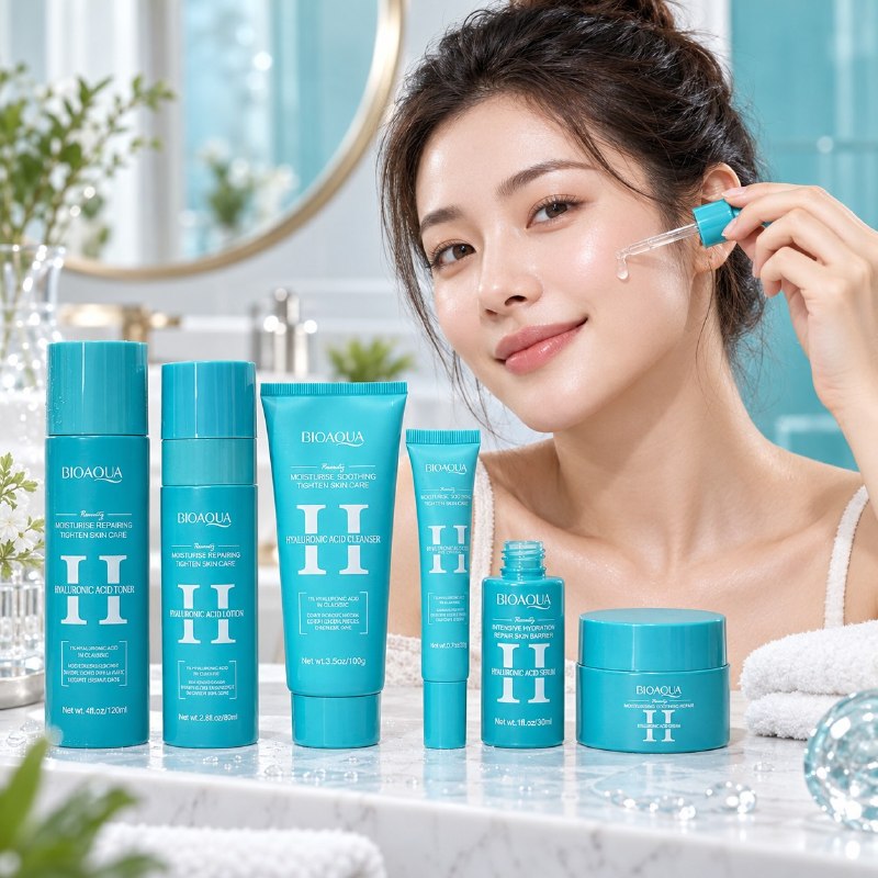 SET DE CUIDADO FACIAL DE ULTRAHIDRATACION, FIRMEZA Y REPARACION CUTANEA CON ACIDO HIALURONICO BIOAQUA 6PCS