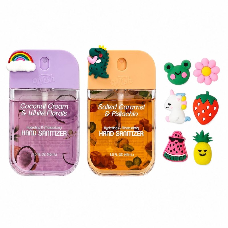SET DE 2 SPRAY DESINFECTANTES DE MANOS HUMECTANTES CON AROMA Y 8 PINES WISH 45ML