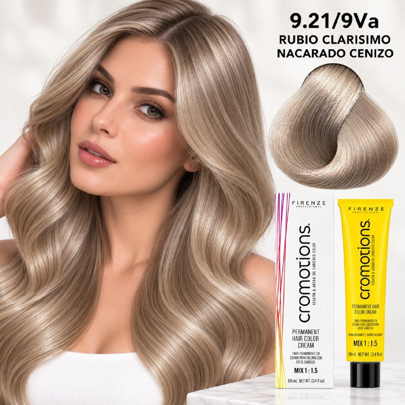 TINTE PERMANENTE PARA EL CABELLO EN CREMA RUBIO CLARISIMO NACARADO CENIZO 9.21/ 9VA FIRENZE 100ML