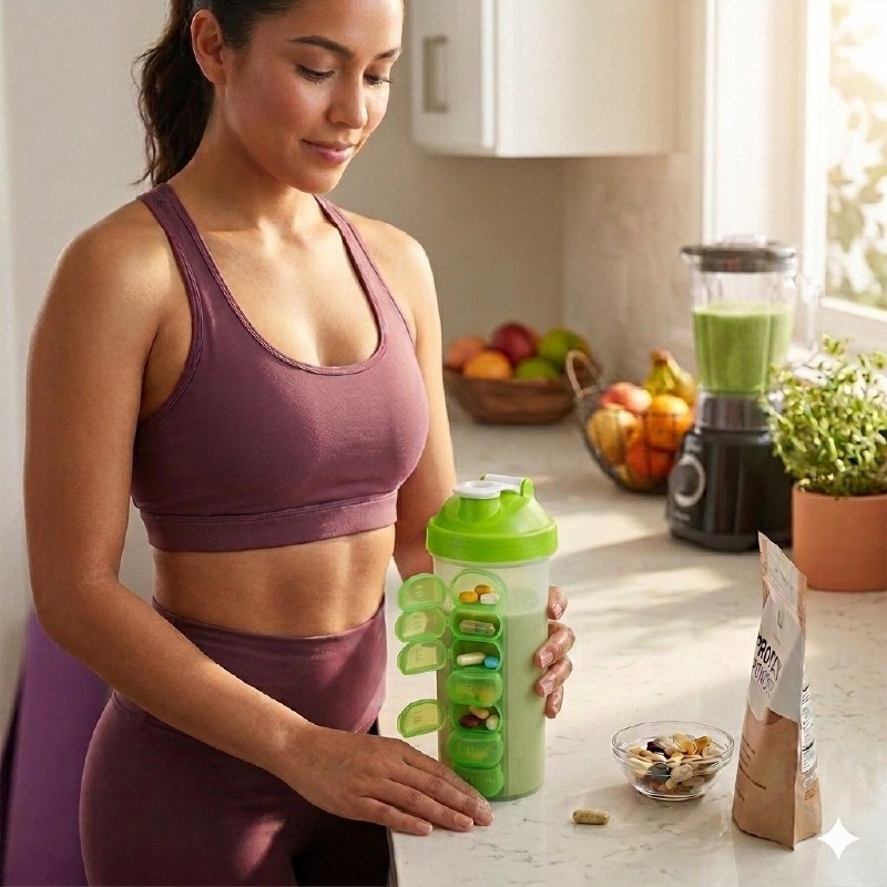 BOTELLA MEZCLADORA CON ORGANIZADOR DE VITAMINAS 2 EN 1 DE PLASTICO RESISTENTE 600ML