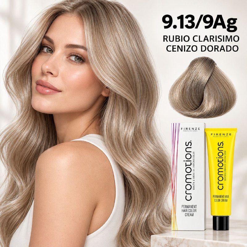 TINTE PERMANENTE PARA EL CABELLO EN CREMA RUBIO CLARISIMO CENIZO DORADO 9.13/ 9AG FIRENZE 100ML