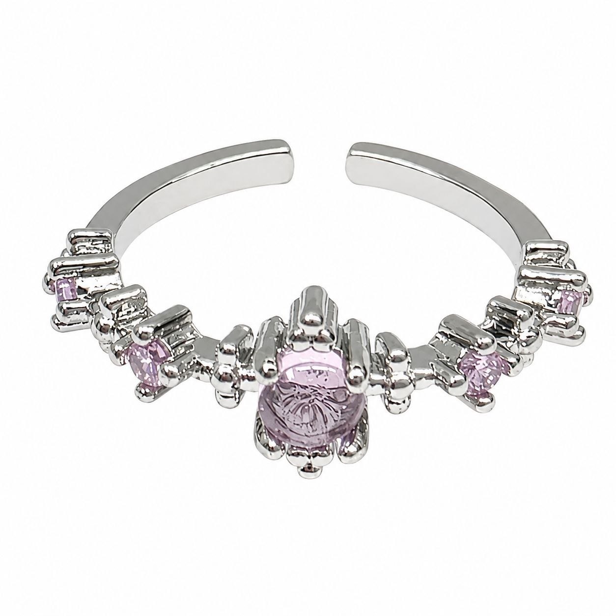 ANILLO DE ENCHAPE PARA DAMA CON CIRCONES ROSADOS Y ACABADO PLATEADO