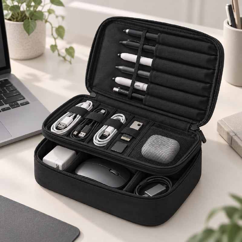 BOLSO ORANIZADOR DE VIAJE MULTIUSOS CON SUJETADORES INTERNOS PARA CABLES, COSMETICOS O ACCESORIOS 23X11X17CM