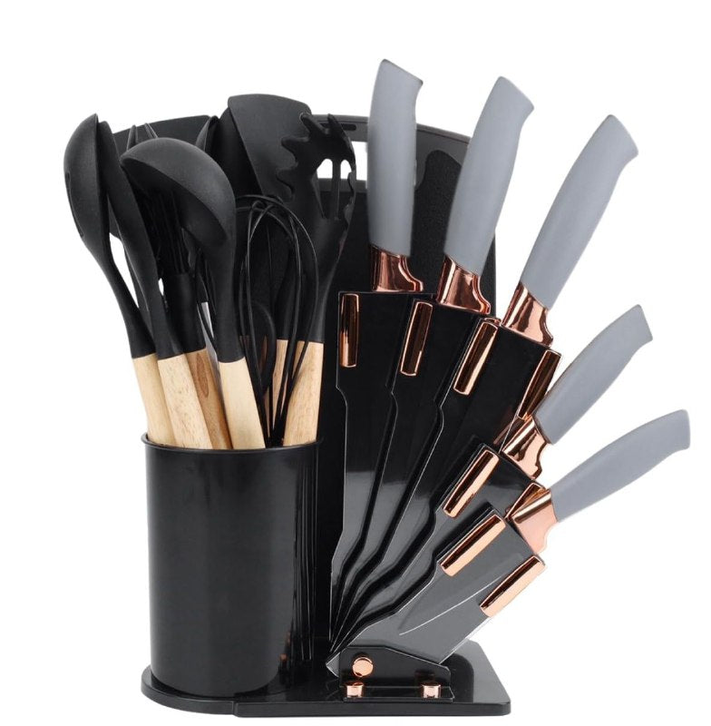 JUEGO DE CUCHILLOS DE COCINA CON UTENSILIOS Y TABLA DE PICAR COLOR NEGRO EVRYEALTH 18PCS