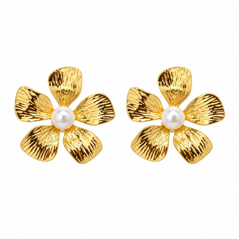 ARITOS DE ENCHAPE PARA DAMA CON DISEÑO DE FLOR CON PERLA 3CM