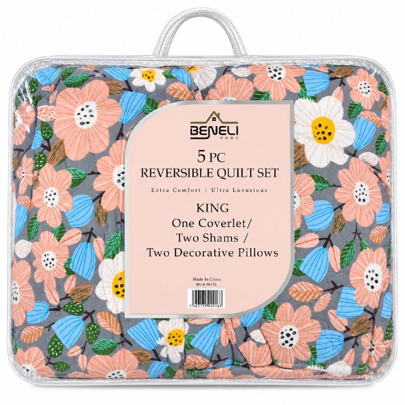 JUEGO DE EDREDON CUBRECAMA REVERSIBLE KING DE 5 PIEZAS BENELI HOME
