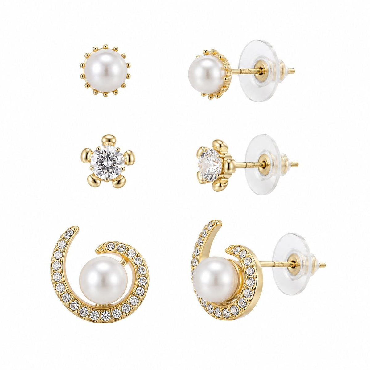 SET DE ARETES ENCHAPE PARA DAMA TRIPLE PAR CON ESPIRAL EN PAVÉ Y PERLA