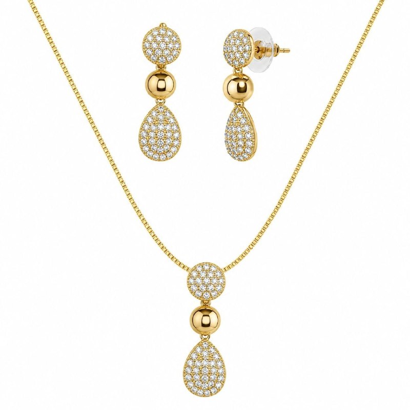 SET DE ENCHAPE PARA DAMA CADENA, DIJE Y TOPOS TRIPLE NIVEL CON PAVÉ DE CIRCONES Y BALÍN PULIDO