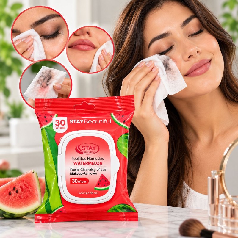 TOALLITAS HUMEDAS FACIALES DESMQUILLANTES Y LIMPIADORAS DE SANDIA STAY BEAUTIFUL 30UND