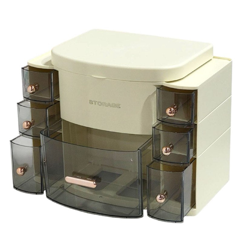 ORGANIZADOR ESTANTE DE COSMETICOS, MAQUILLAJE CON 8 COMPARTIMIENTOS, ESPEJO CON LUZ LED 3 MODOS DE INTENSIDAD, COLOR CREMA STORAGE