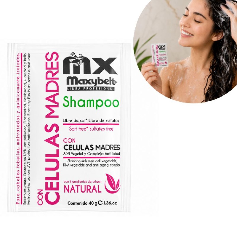 SHAMPOO CON CELULAS MADRE ANTIEDAD DE LIMPIEZA SUAVE RECONSTRUCTORA MAXYBELT 40G
