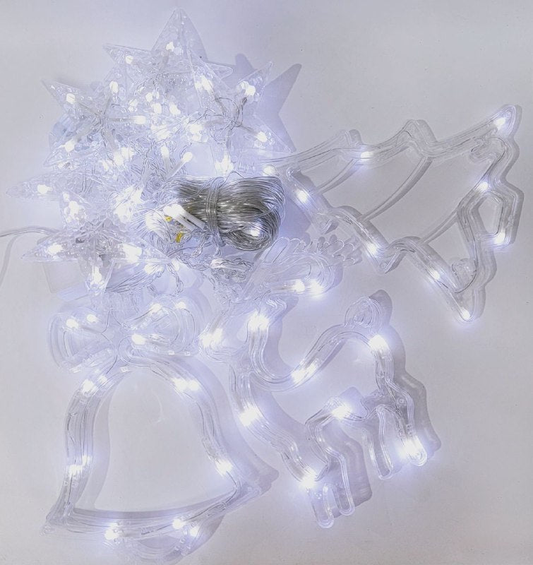 LUCES DECORATIVAS NAVIDEÑAS CORTINA DE LUZ LED BLANCA CON DISEÑO DE ESTRELLA, RENOS, ARBOLES Y CAMAÑAS IDEALES PARA DECORAR TU HOGAR, PATIO O HABITACION 18.5X11X18.5 CM