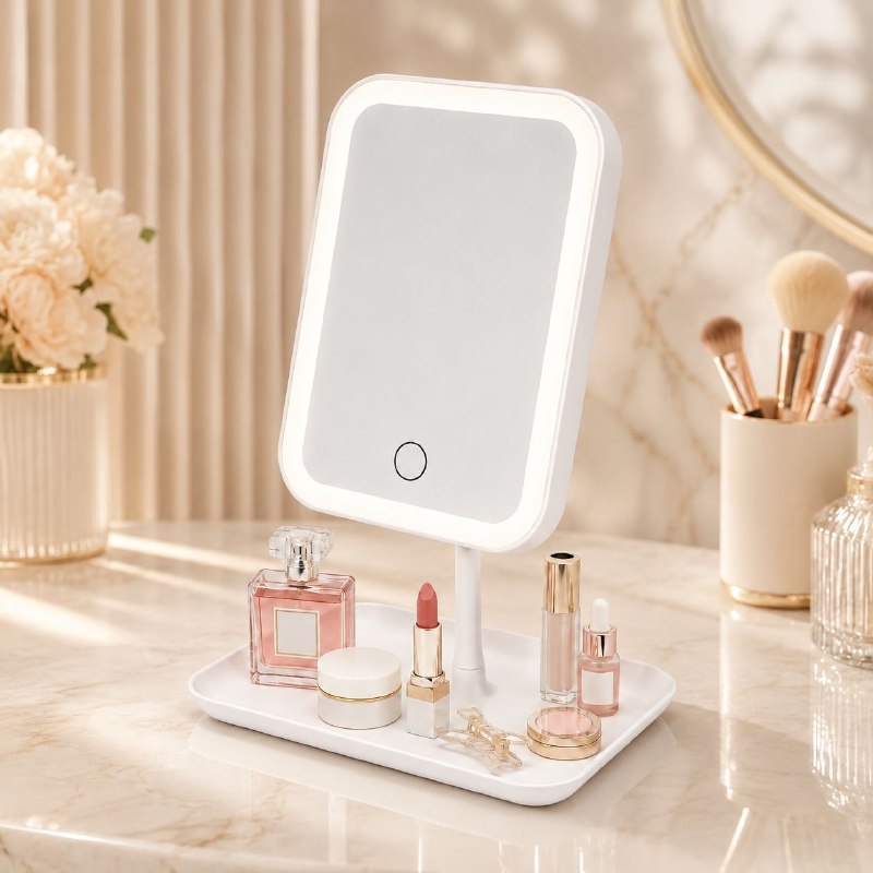 ESPEJO PARA MAQUILLAJE CON LUZ LED RECARGABLE Y BASE ORGANIZADORA 12X16CM