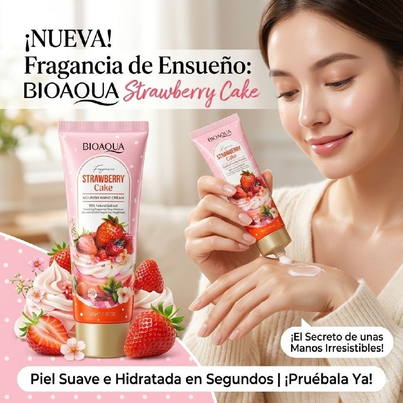 CREMA HUMECTANTE Y REPARADORA PARA MANOS CON AROMA A PASTEL DE FRESA BIOAQUA 80G