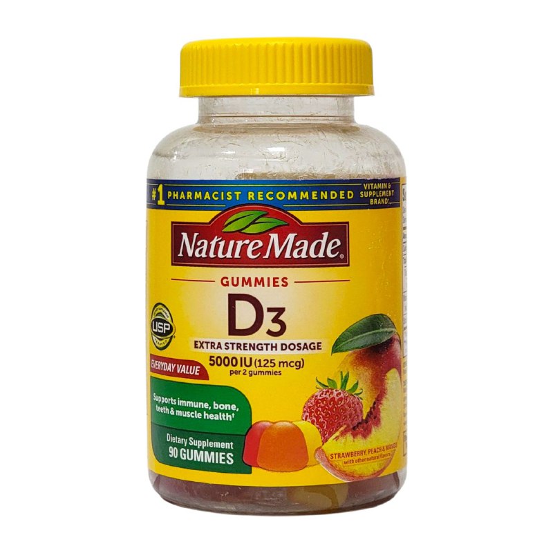 VITAMINAS EN GOMITAS D3 SUPLEMENTO DIETETICO 125MCG, FAVORECE LA SALUD INMUNITARIA, OSEA, DENTAL Y MUSCULAR SABOR A FRESA, DURAZNO Y MANGO NATURE MADE 90UND