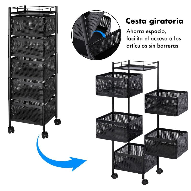 ESTANTE ORGANIZADOR MULTIUSOS GIRATORIO DE 5 NIVELES DE ACERO AL CARBONO NEGRO 90X28CM