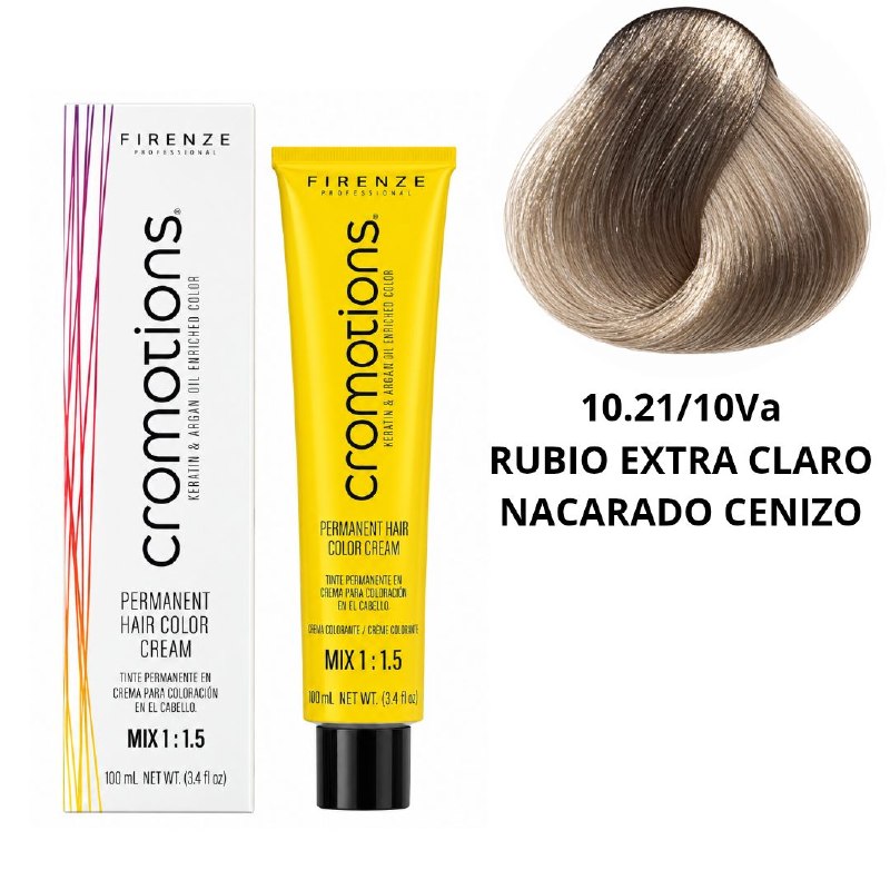 TINTE PERMANENTE PARA EL CABELLO EN CREMA RUBIO EXTRA CLARO NACARADO CENIZO 10.21/ 10VA FIRENZE 100ML