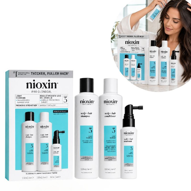 SET DE 3 PASOS PARA CABELLO TEÑIDO CON DEBILITAMIENTO LEVE, EFECTO ANTICAIDA, PROTECTOR DE COLOR Y DENSIFICADOR NIOXIN