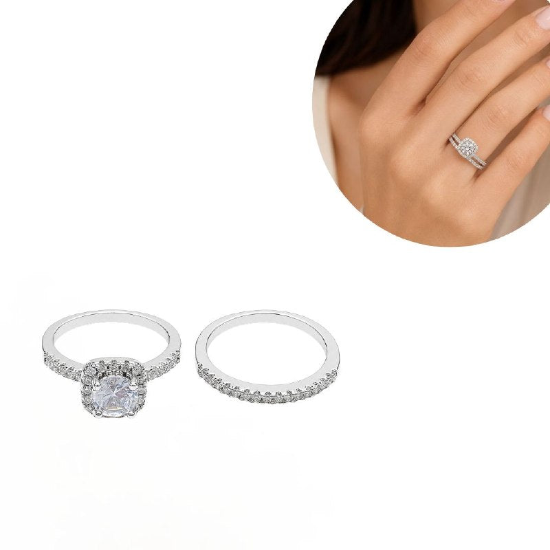 DÚO DE ANILLOS DE ENCHAPE PARA DAMA ESTILO NUPCIAL CON HALO Y CIRCONES