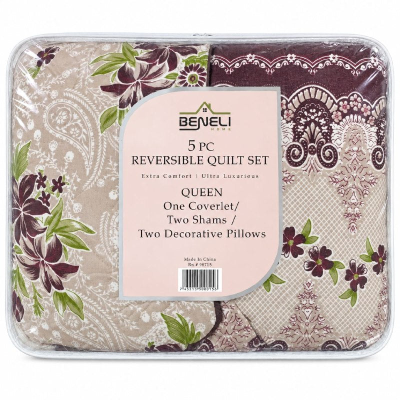 JUEGO DE EDREDON CUBRECAMA REVERSIBLE QUEEN DE 5 PIEZAS BENELI HOME